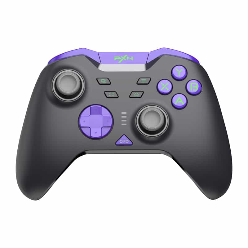 Airy black/gray game controller with purple buttons (A, B, X, Y), purple D-pad, and two analog sticks in a modern design.