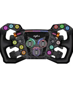 PXN racing wheel controller with two grip handles, carbon-fiber finish, and colorful multi-function buttons and dials.