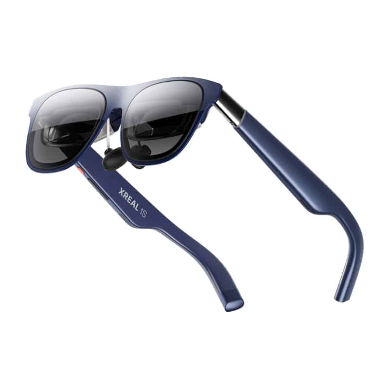 Blue sunglasses with dark lenses and curved blue arms; brand name 'XREAL IS' on the temple.