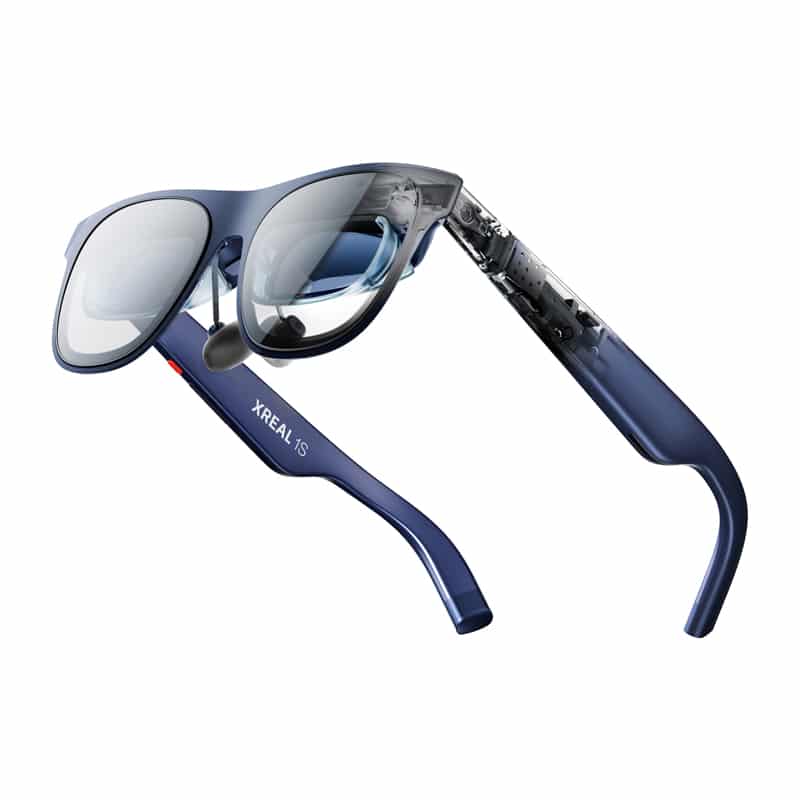 Blue XREAL augmented reality glasses with transparent lenses shown from a side angle.
