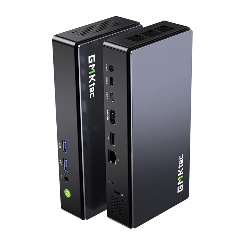 Pair of black GNKKE mini desktop PCs with multiple front and rear ports visible, including USB, Ethernet, HDMI, audio jacks, and power button, shown from angled perspective for setup use.