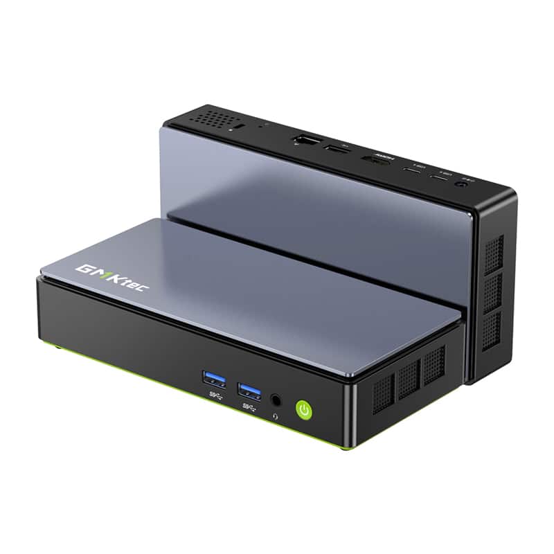Compact black mini PC or network storage device with front USB 3.0 ports and a green power button, two-part chassis, and a top lid area.