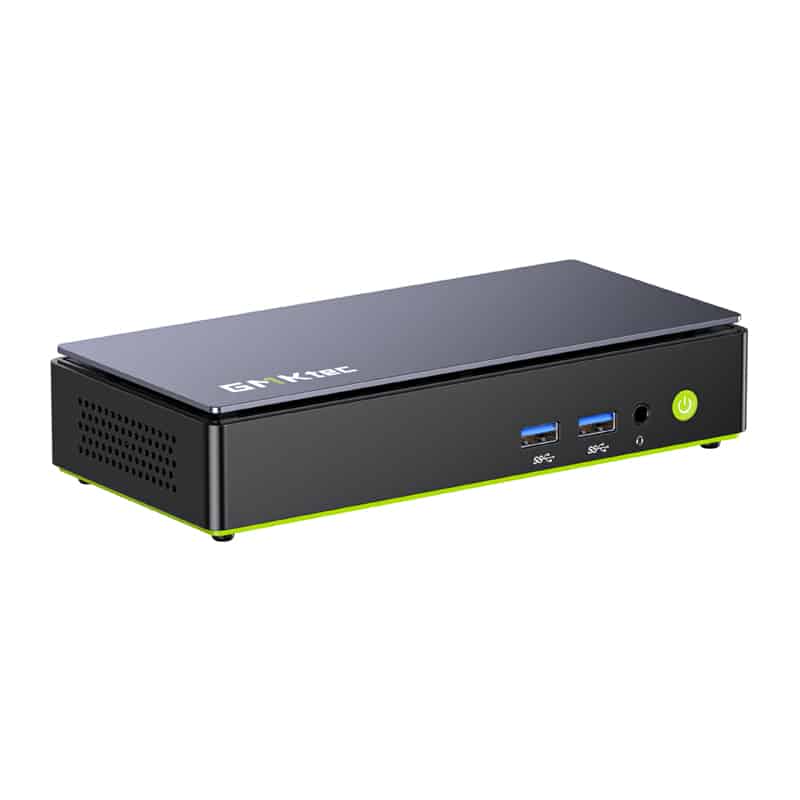 Compact black mini PC with lime-green accent, two USB 3.0 ports, and a glowing green power button