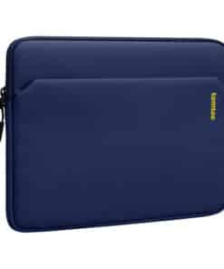 Navy blue laptop sleeve with zipper closure and a slim front pocket, branded tomtoc