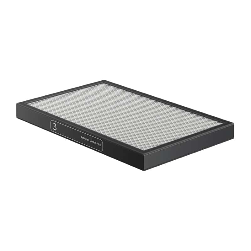 Rectangular activated carbon air filter with a dark frame and a white mesh surface, labeled 'Activated Carbon Filter.'