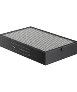 Rectangular black carbon air filter with a perforated metal top and a front label '04'.