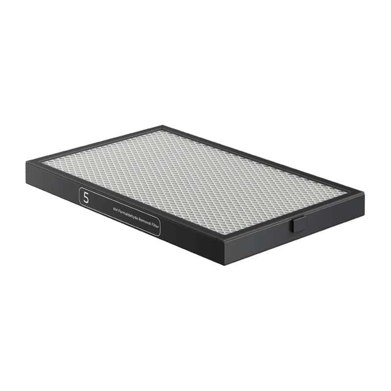 Rectangular black air filter with a white pleated filter media.