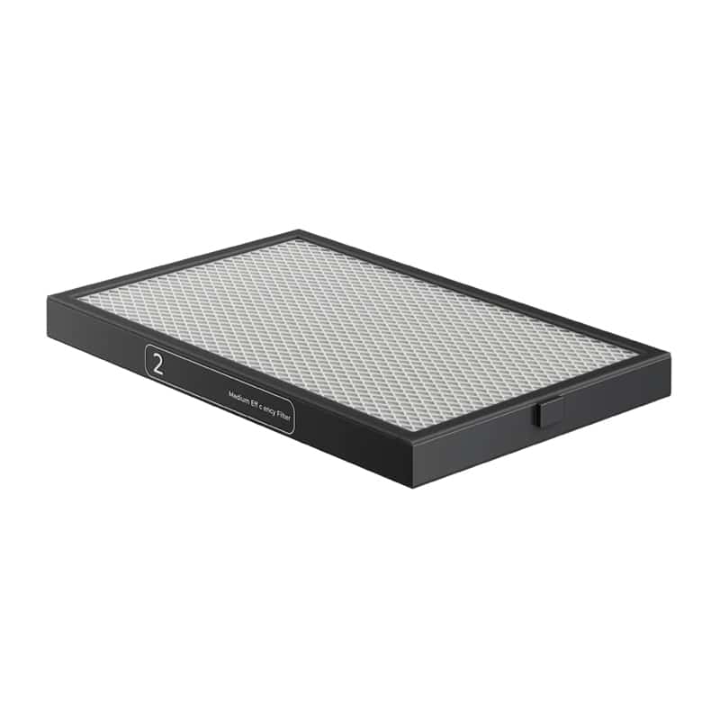 Rectangular air filter with a dark frame and a perforated metal mesh in the center.