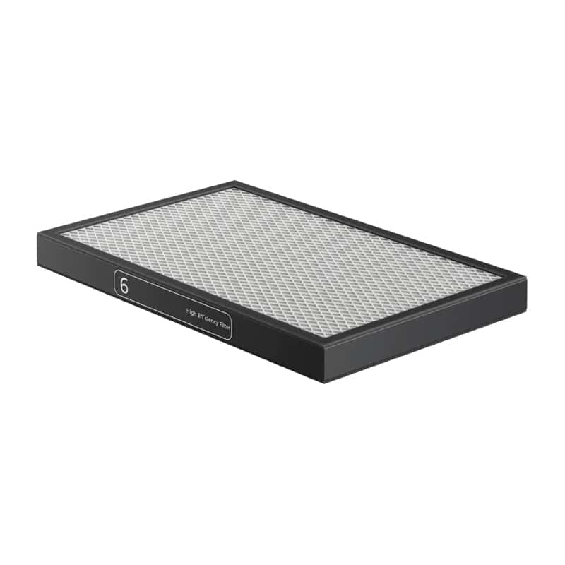Rectangular air filter with a black frame and silver mesh, labeled with the number 6 on the side.