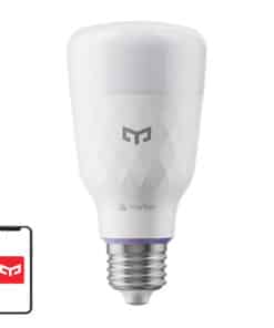 Smart white LED smart bulb with a geometric surface and Matter logo, shown with a smartphone app icon on the side