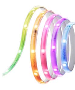 Set of colorful LED light-up bracelets in green, yellow, orange, pink, purple, and blue, glowing softly against a white background