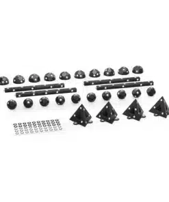 Black hardware kit laid out with ball joints, rods, pyramid brackets, washers, and small rings/screws for assembly (informational image).