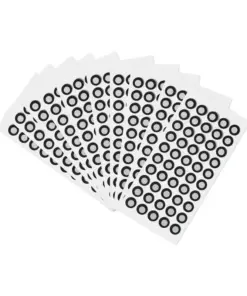 Fan of white sheets covered with many black hollow circles (dot stickers) arranged in rows/columns, fanned out on a white background.