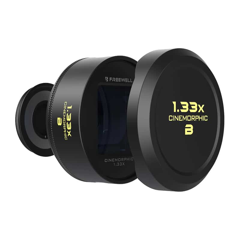 Close-up of a 1.33x Cinemorphic lens module labeled Freewell for cameras