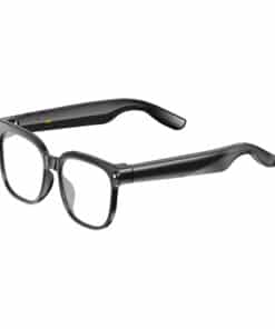 Black acetate eyeglasses with full-rim rectangular frames and clear lenses.