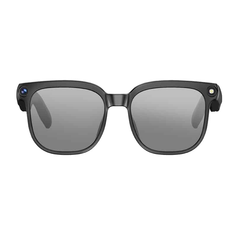 Black sunglasses with a small camera on the frame, resembling smart glasses used for recording or capturing video