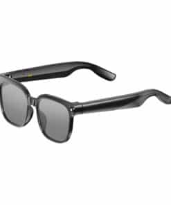 Black plastic sunglasses with dark gray lenses, sporty frame, angled to show side arms