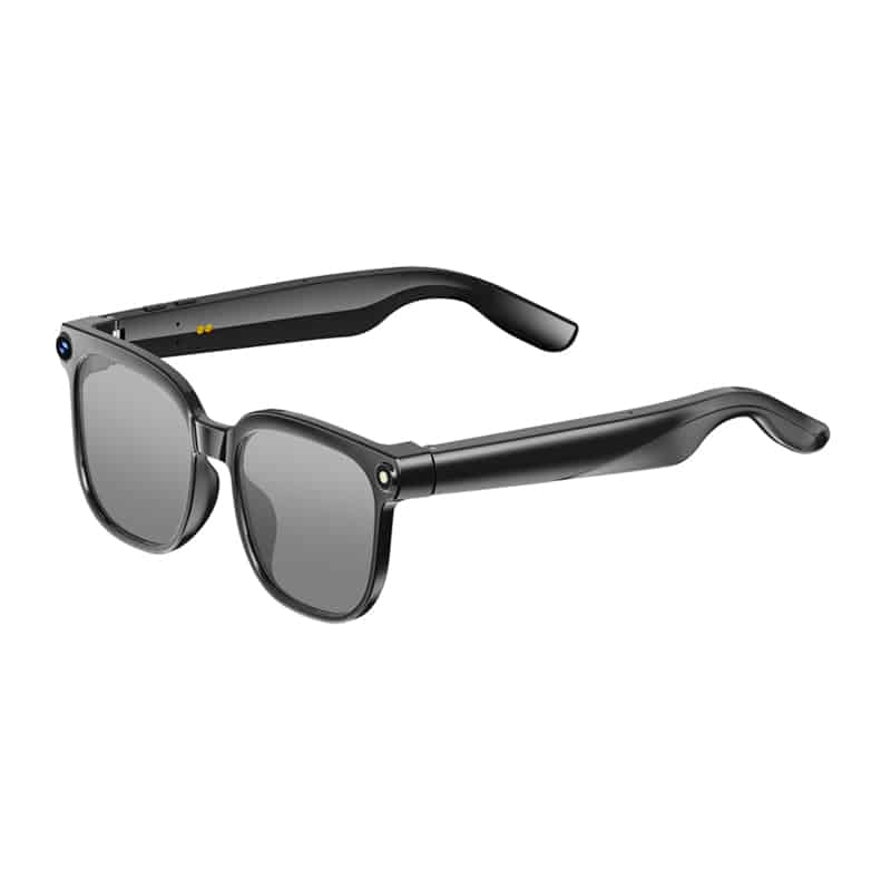 Black plastic sunglasses with dark gray lenses, sporty frame, angled to show side arms