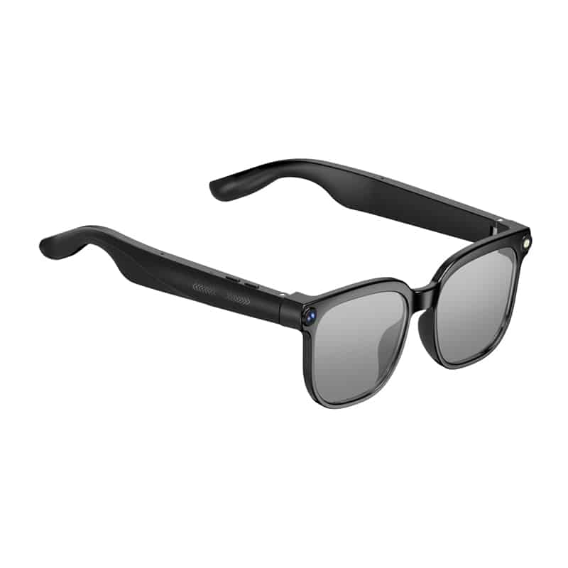 Black smart glasses with reflective lenses and integrated frames, shown from a three-quarter angle (wearable tech).