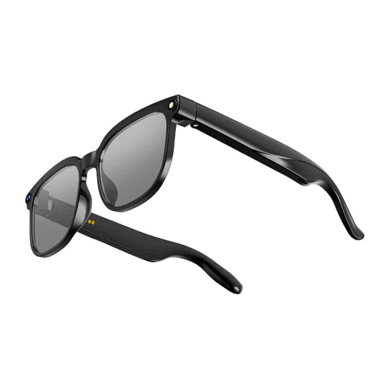 Black sunglasses with double lenses: a larger round lens paired with a smaller front lens and curved temples, angled to show style.