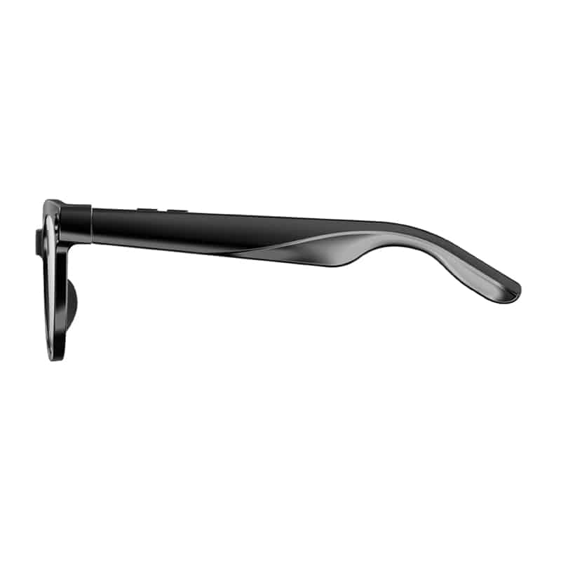 Side view of a black eyeglasses temple extending to the right from the frame.