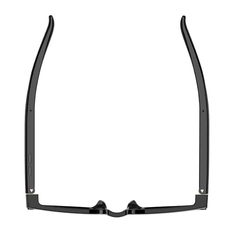 Front view of black eyeglasses with slim, curved temples and a low-profile bridge (no lenses).