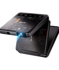 Black portable gadget with a transparent top showing internal circuitry, projecting a blue light.
