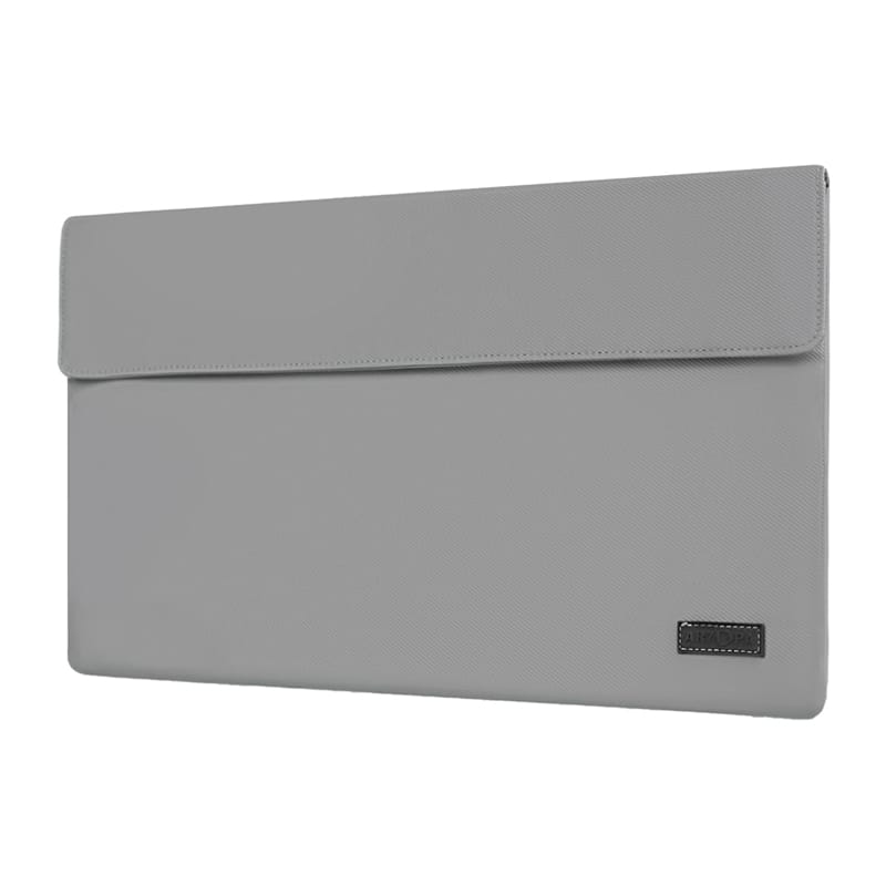 Gray laptop sleeve with a top flap and small logo patch on the bottom right, empty and minimalist design
