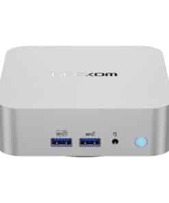Front view of a silver mini PC with two USB 3.0 ports, a headphone jack, a small reset button, and a blue-power button on the right, top labeled Geekom