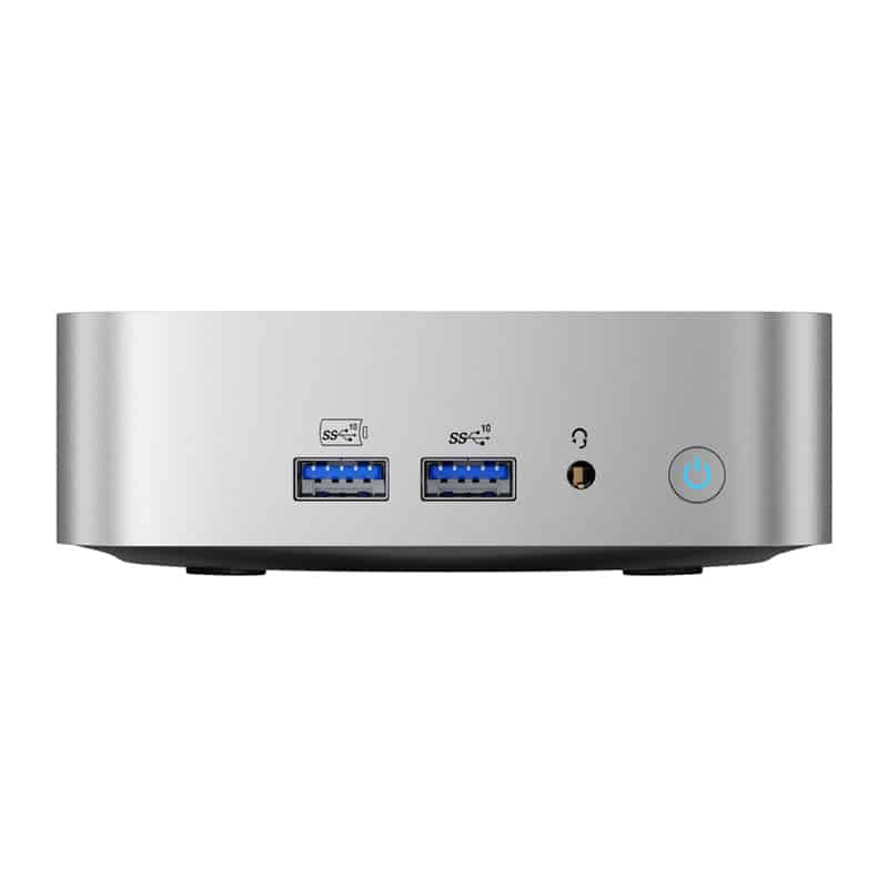 Hõbedane minidokkimisjaam kahe USB 3.0 pordi ja toitenupuga esipaneelil