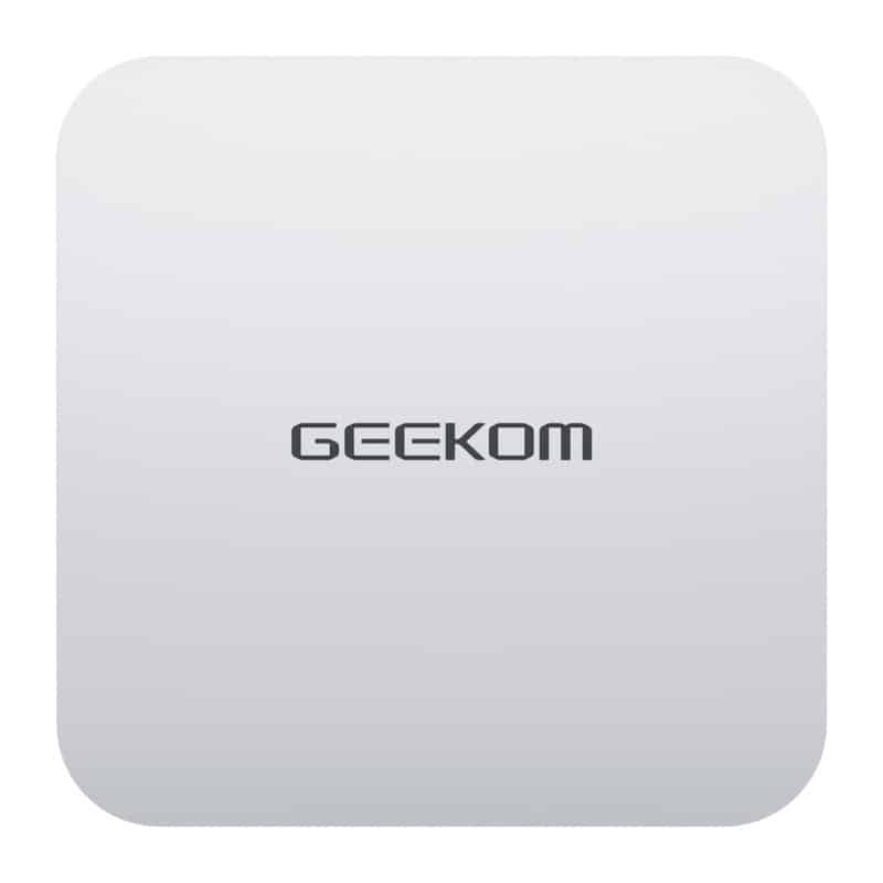 Geekomi logo, mille keskpunkt on helehall ümarruuduline pind (tootepaneel).