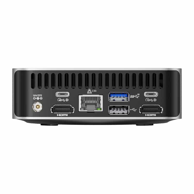 Miniarvuti tagapaneel, millel on mitu porti: HDMI, USB 3.0 (sinine), Ethernet, USB-C ja toitepesa.