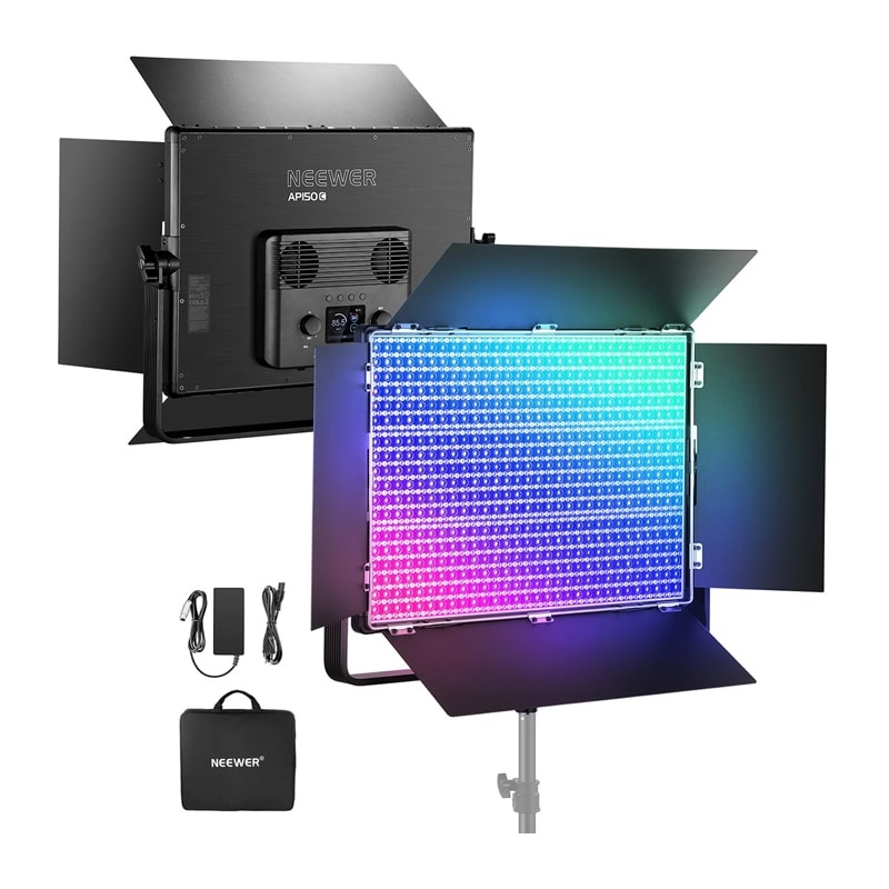 RGB LED panel light with barn doors and color-changing LEDs, plus power adapter, cables, stand mount, and carrying case—video lighting kit