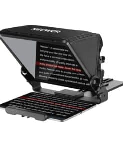 Neewer teleprompter rig with a mounted tablet showing a scrolling script.