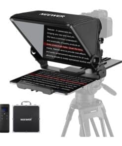 Neewer teleprompter setup mounted on a camera tripod with a tablet display and remote control, plus a carrying case edge-to-edge.