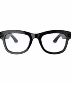 Black plastic eyeglasses with a small built-in camera on the left corner, resembling smart glasses