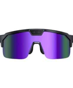 Sports-style sunglasses with purple mirrored lenses and a black frame, viewed head-on.