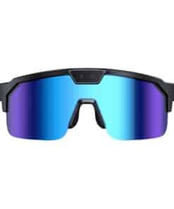Sporty sunglasses with large mirrored lenses in blue to purple gradient, black frame, and integrated browline camera bar on top center