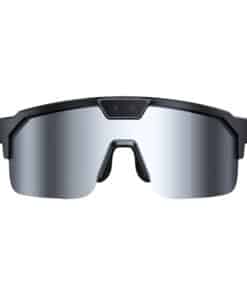 Wraparound smart glasses with mirrored lenses and a central top sensor, futuristic design.