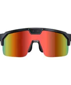Sporty sunglasses with a black frame and rainbow mirrored lenses framed by a wraparound design