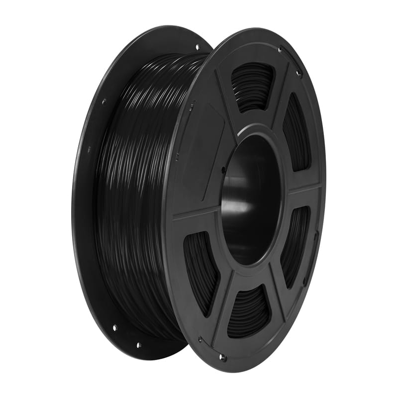 Plastic filament spool loaded with black filament (likely for 3D printing) ready for use in a printer.