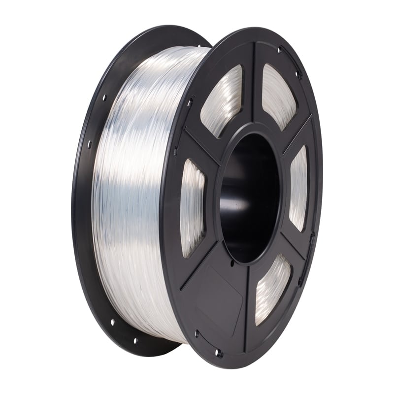 Transparent filament wound around a black plastic spool, a 3D printing material reel