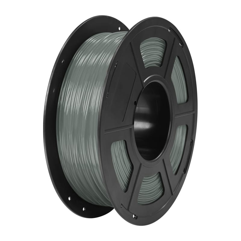 Gray 3D printer filament on a black spool, ready for use in a printer (1.75 mm diameter).