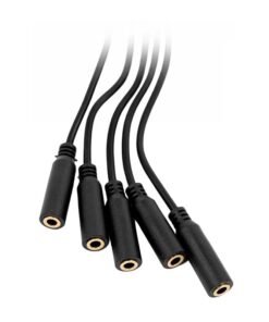 Five black female barrel connectors with attached wires, arranged in a row.