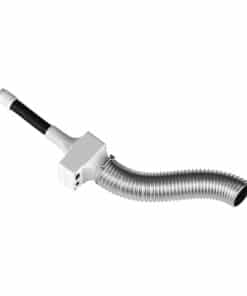 Flexible aluminum vacuum hose with white plastic connector and black grip handle