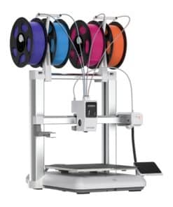 Desktop 3D printer with a spool rack of six colorful filament reels on top and a control panel nearby.