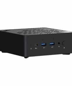 Black mini PC with front ports: USB-C, two USB 3.0 ports, audio jack, power button, and ventilation grate on top.