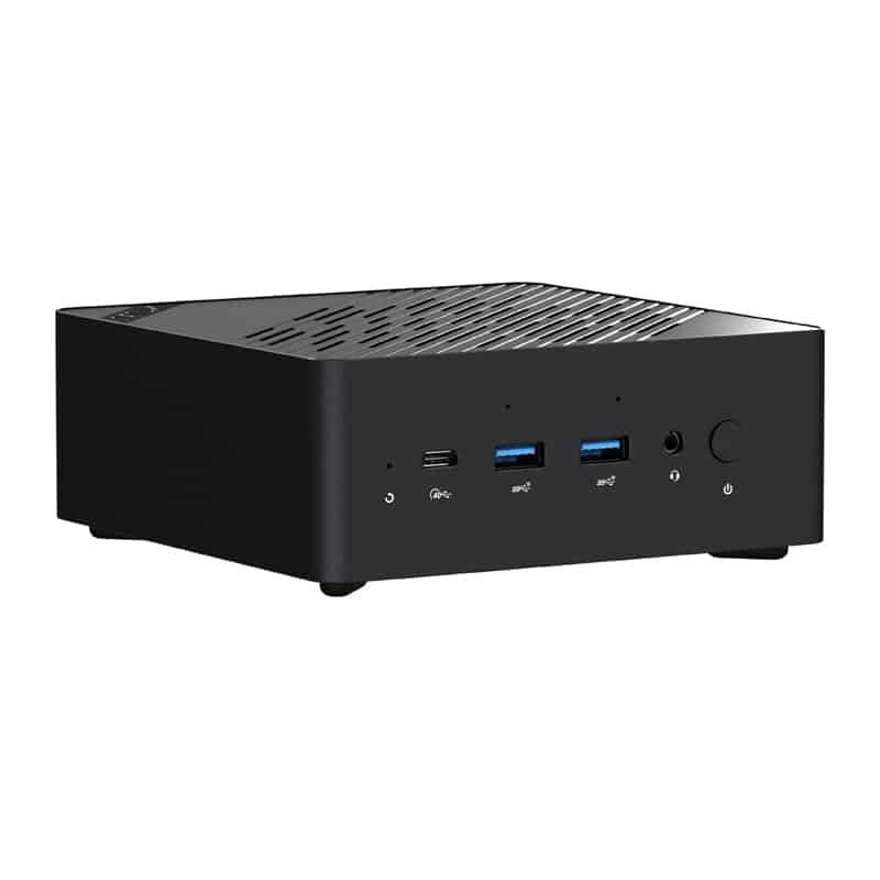 Must miniarvuti esiosadega: USB-C, kaks USB 3.0 porti, helipistik, toitenupp ja peal ventilatsioonirest.