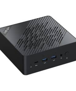 MINIX mini PC with a diagonal-vented top, front panel showing USB-C and USB-A ports, an audio jack, and a power button