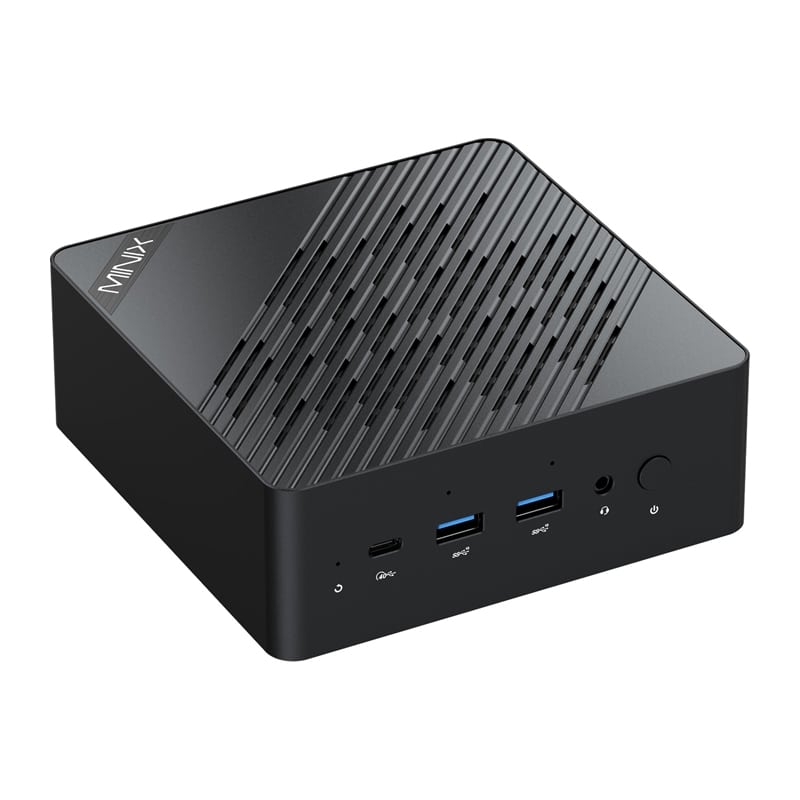 MINIX miniarvuti diagonaalse õhutusega ülaosaga, esipaneeliga, millel on USB-C ja USB-A pordid, helipistik ja toitenupp
